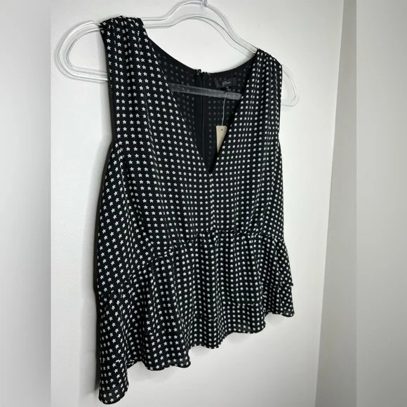 J. CREW - NWT - black & white peplum w/ stars,deep v-neck, ruffled top. Size 10. - Picture 2 of 9